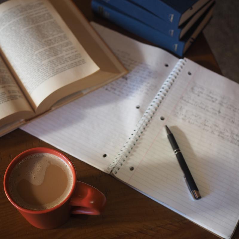 coffee, book, and homework